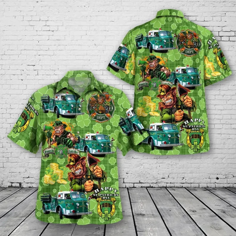 St Patrick's Day Firefighter Hawaiian Shirt Irish Fireman St Paddy's Gift