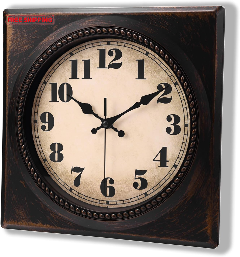 1950s Retro Square Wall Clock 12 Inch Silent Battery Operated Vintage Decor