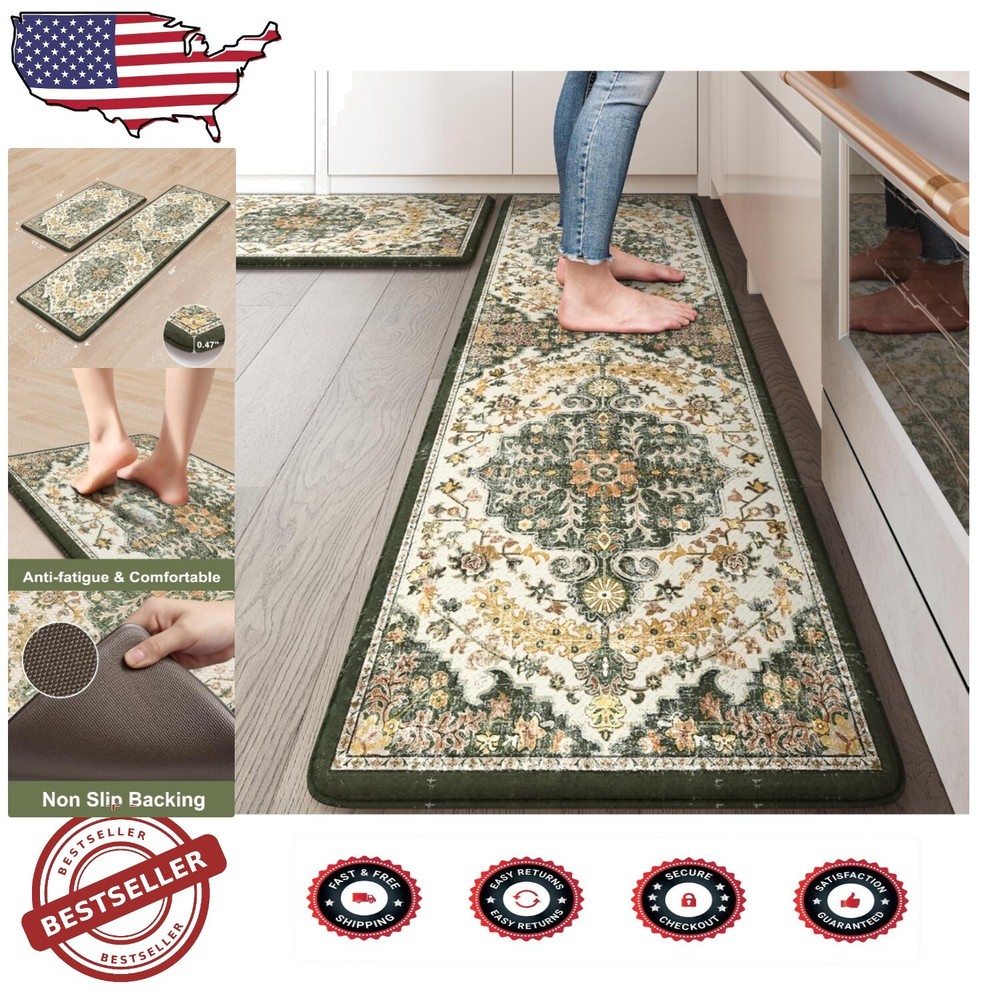 2-Piece Cushioned Anti-Fatigue Kitchen Rugs with Waterproof Florals in Boho Style