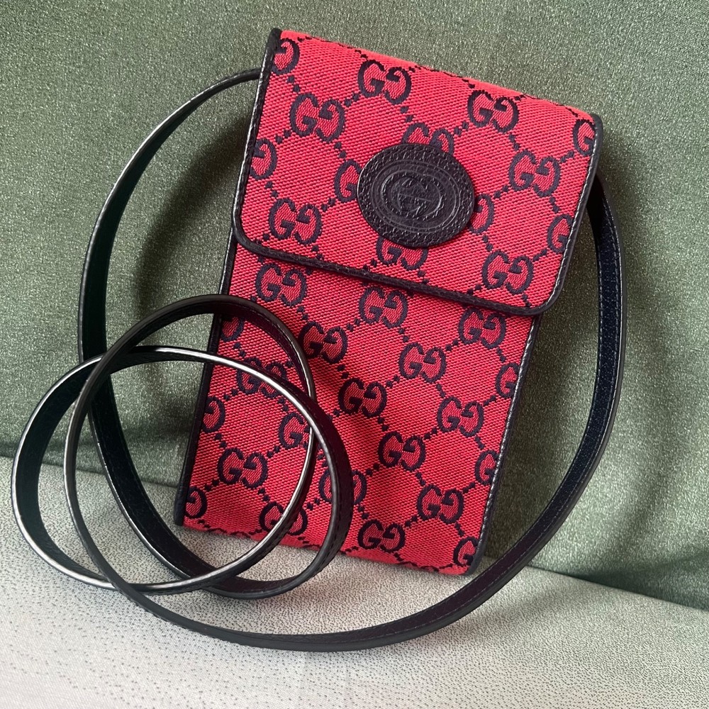 Gucci Gg Monogram Phone Flap Mini Crossbody Bag Navy Red Limited Edition