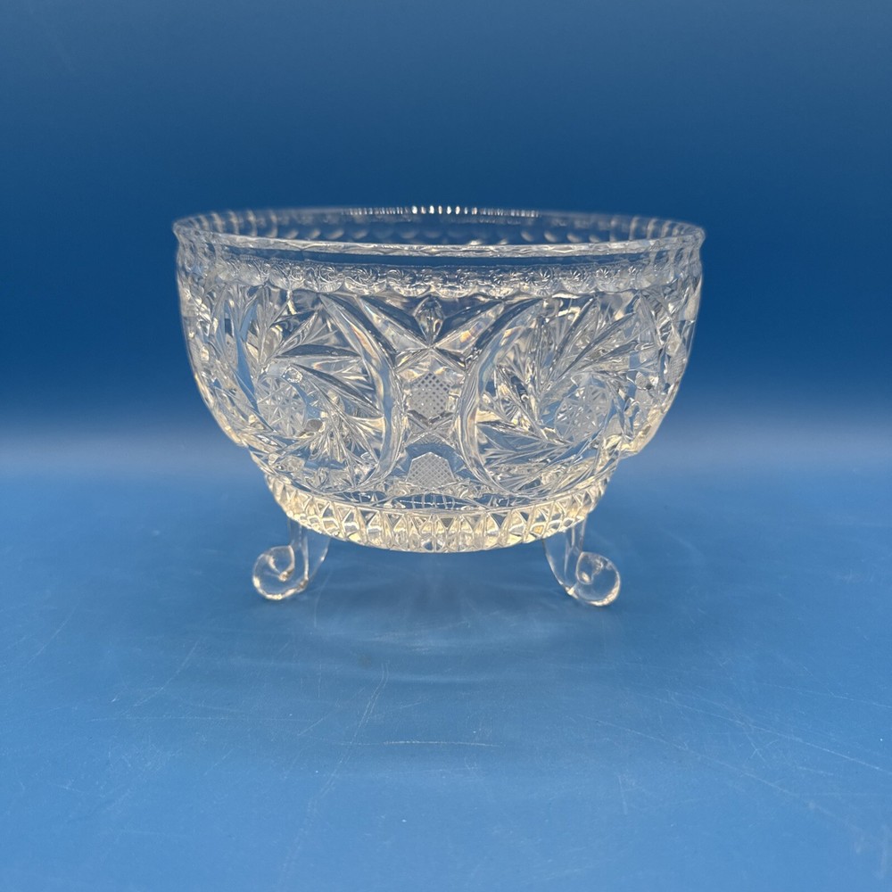 Vintage Sunburst Cut Crystal Glass Footed Bowl