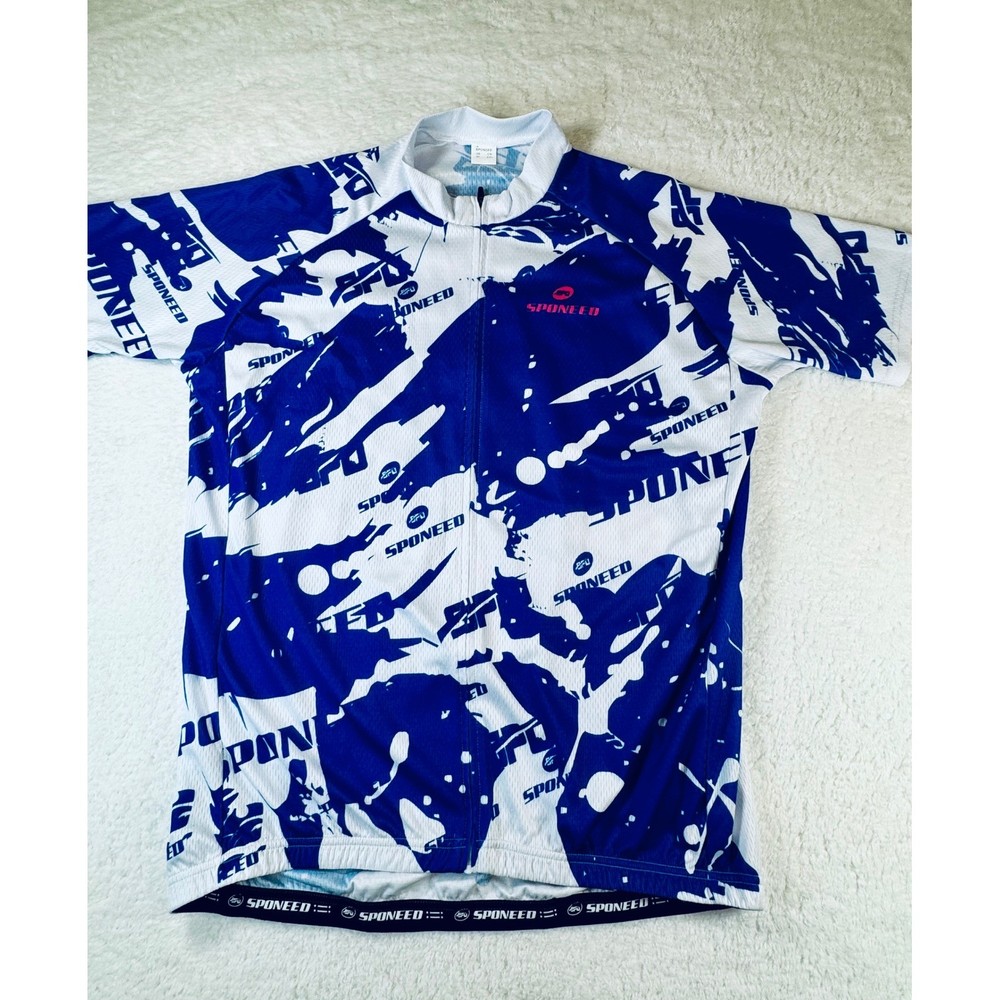 Sponeed Cycling Jersey Men XL Blue White Abstract Graphic Full Zip Short Sleeve