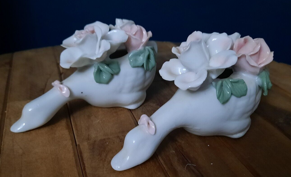 Vintage White Geese Porcelain Figurine Set with Florals and Bud Vase