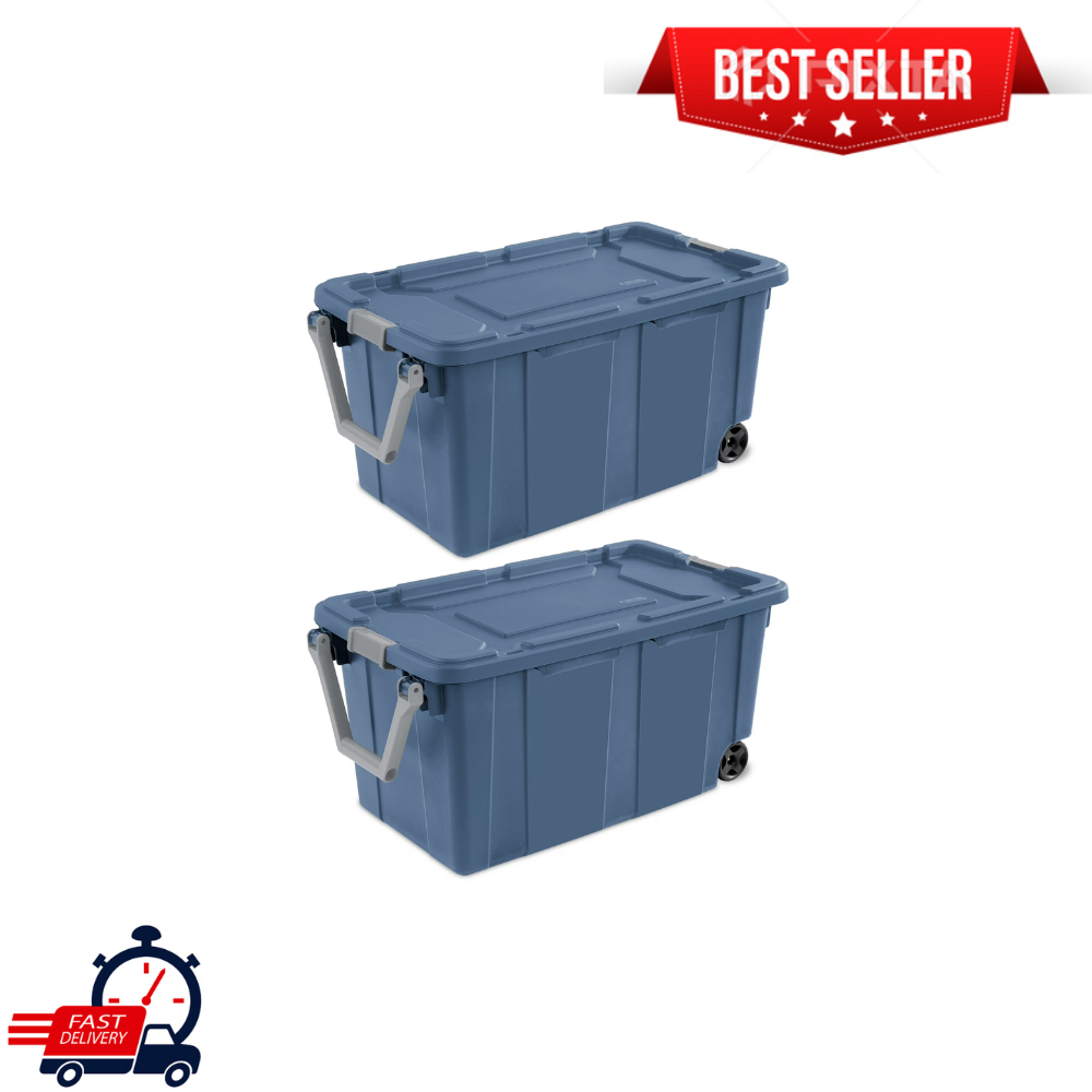 Sterilite 40 Gallon Wheeled Industrial Tote Plastic Storage Bin, Blue, Set of 2