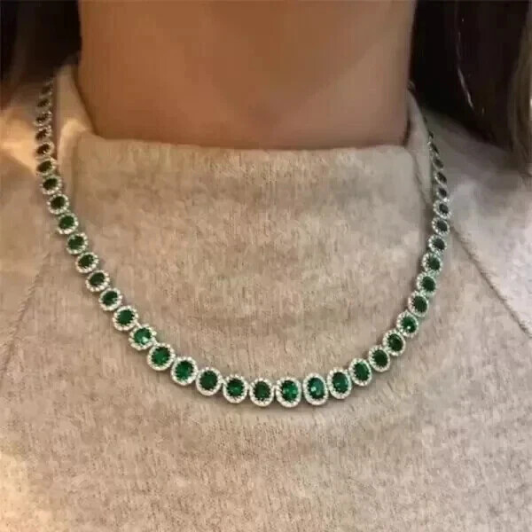 Oval Cut Simulated Emerald Halo Wedding Necklace in 14k Gold or Silver Finish