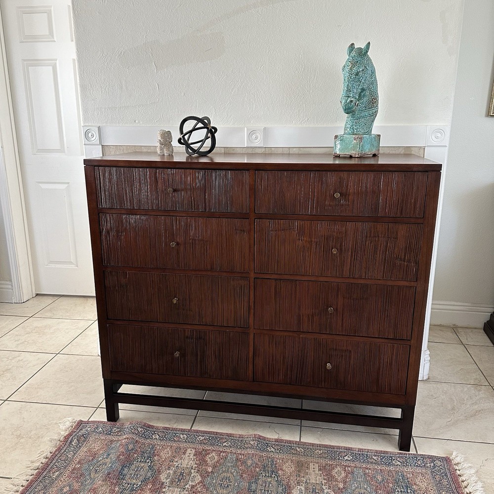 Crate And Barrel 8-Drawer Walnut Dresser with Distressed Finish and Metal Feet