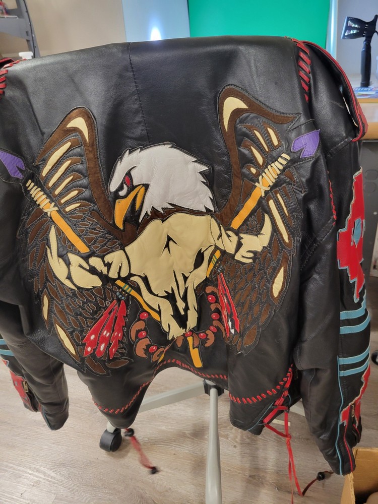 Vintage XL Leather Motorcycle Jacket with American Indian Eagle Design Midwest Style