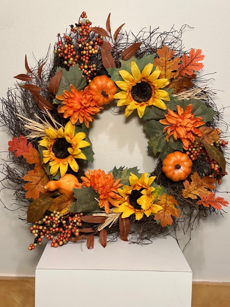 24-Inch Fall Wreath with Sunflowers and Squash for Front Door Decor