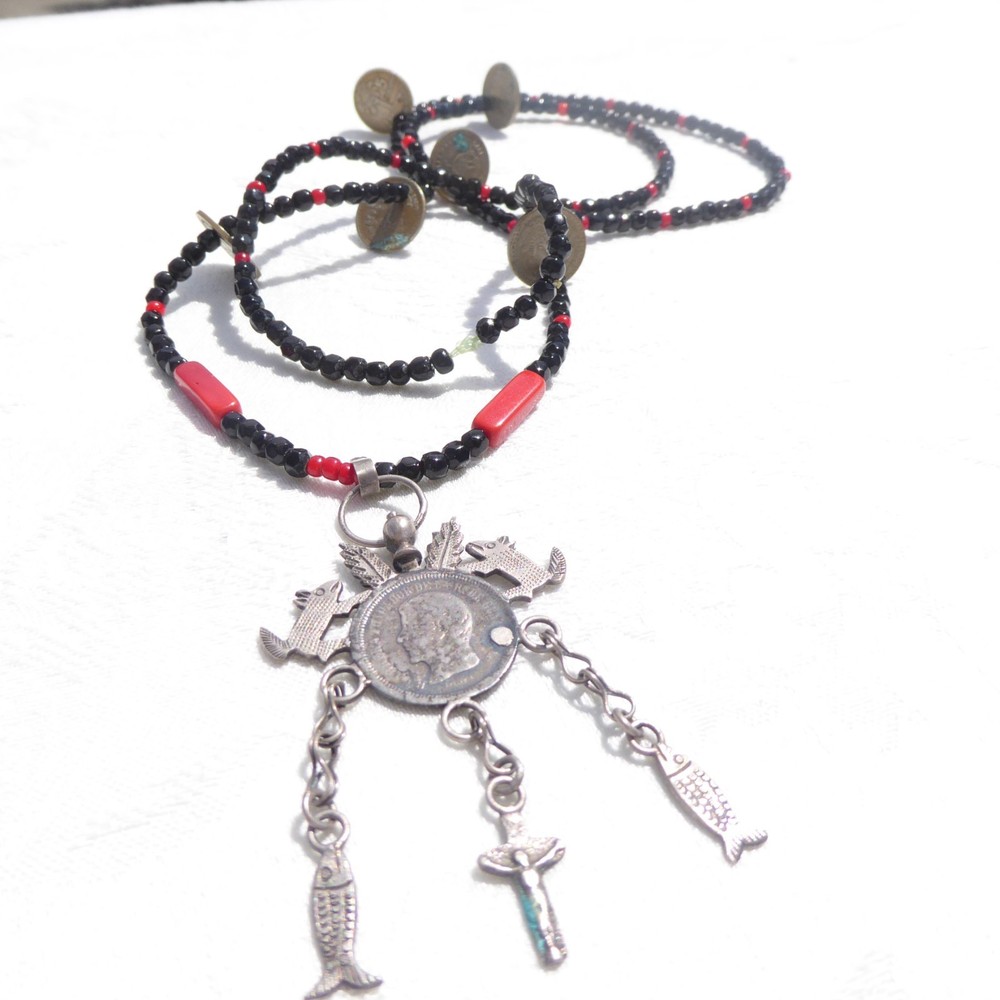 Vintage Red Black Glass Silver Guatemalan Chachal Necklace Mayan Indigenous