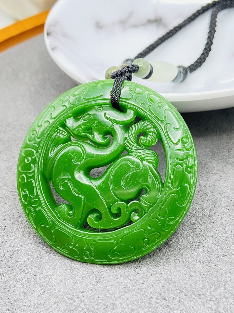 Handmade Jade Dragon Charm Necklace with Beaded Cord and Carved Green Gemstone