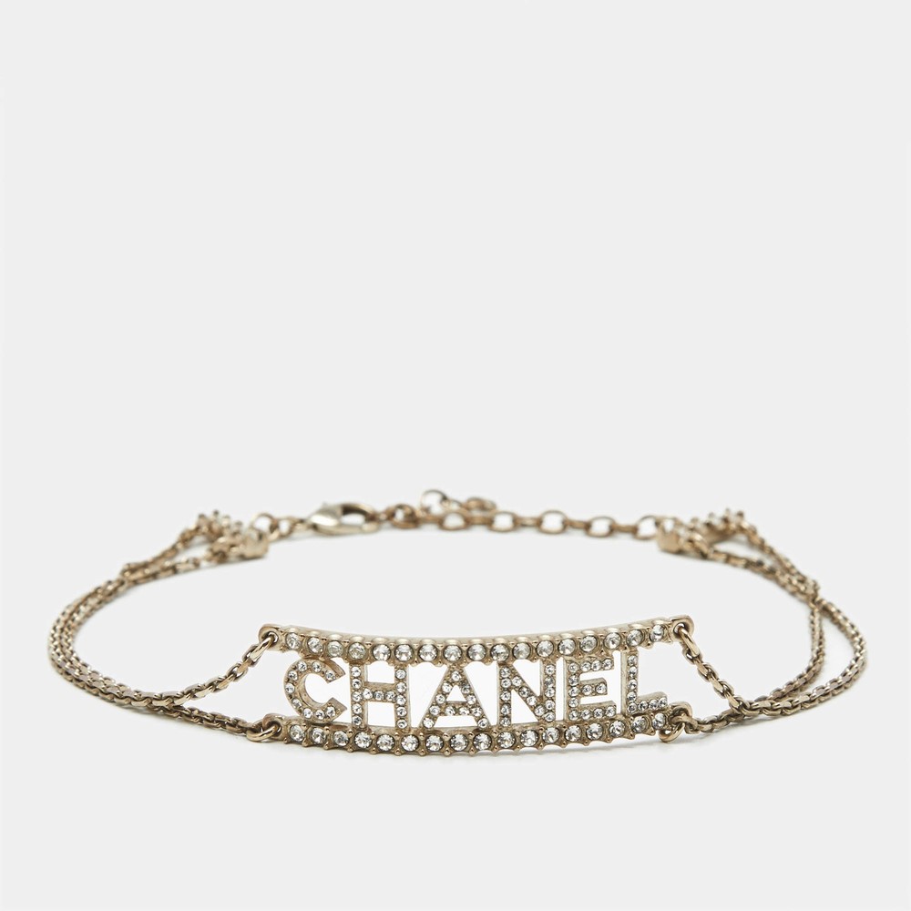 Chanel Logo Crystals Gold Tone Choker Necklace