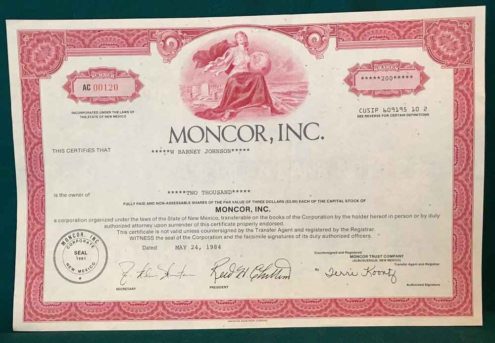 Moncor, Inc. Stock Certificate for 2000 Shares