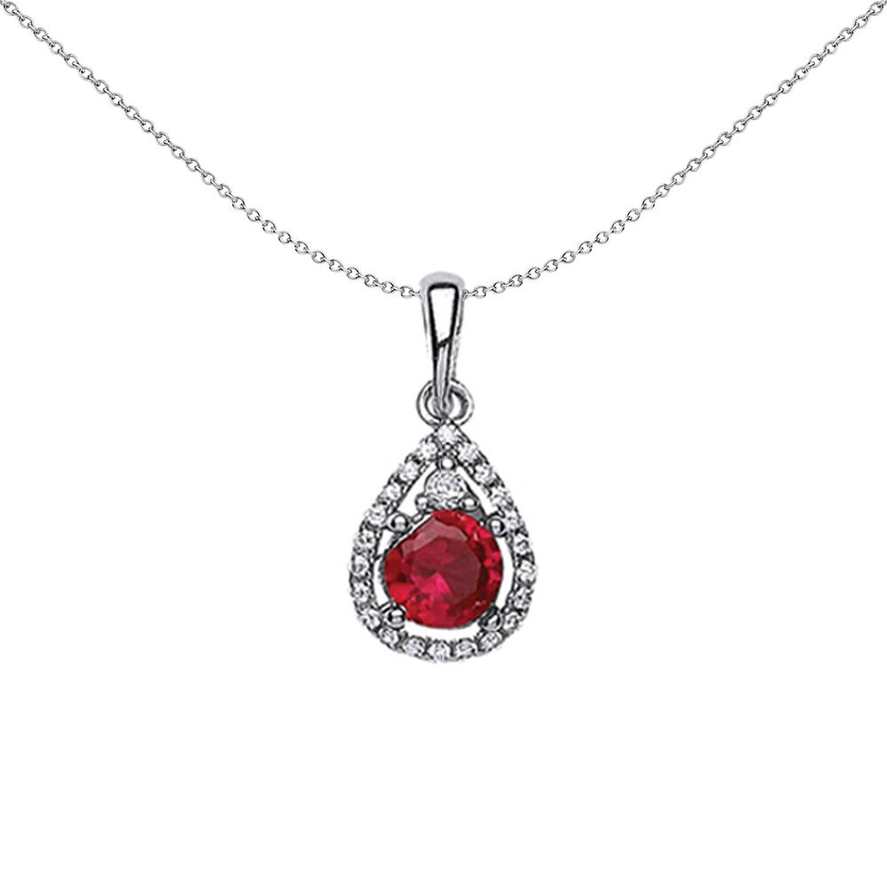 Silver Jewelco London Red CZ Halo Tear of Joy Pendant Necklace 18 inch