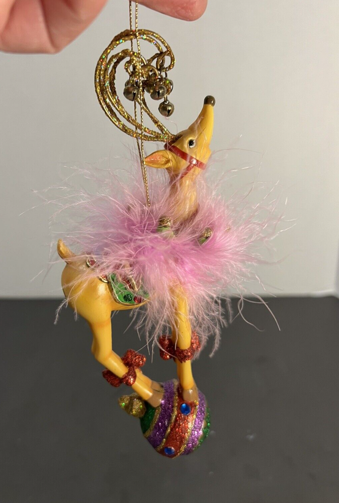 Reindeer On Globe Ornament Pink Feathers Resin