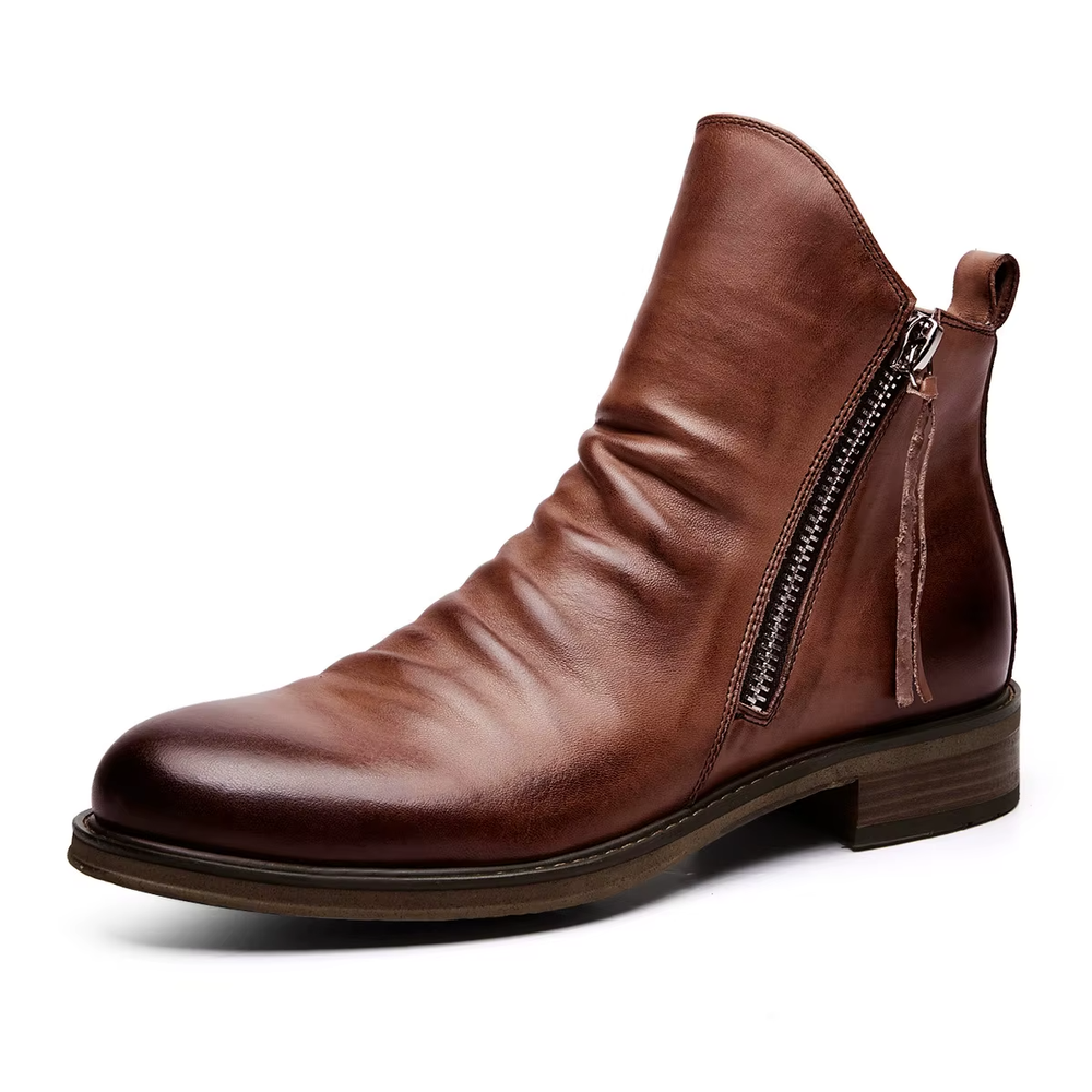 Men's Brown Faux Leather Chelsea Boots with Double Zipper US 8-12