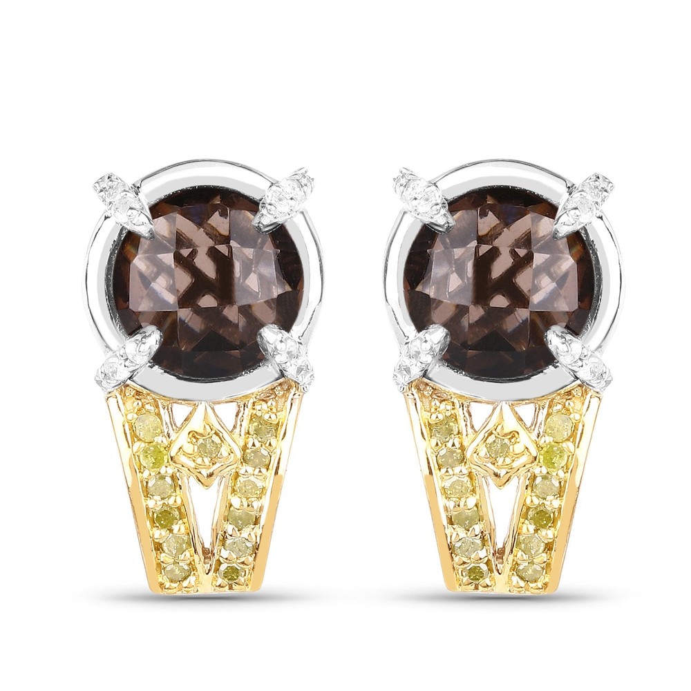 3.75ct Smoky Quartz Yellow & White Diamond Sterling Silver Ring
