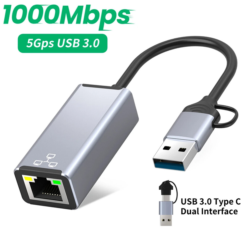 2-in-1 USB A & Type C to RJ45 Gigabit Ethernet Adapter 1000Mbps