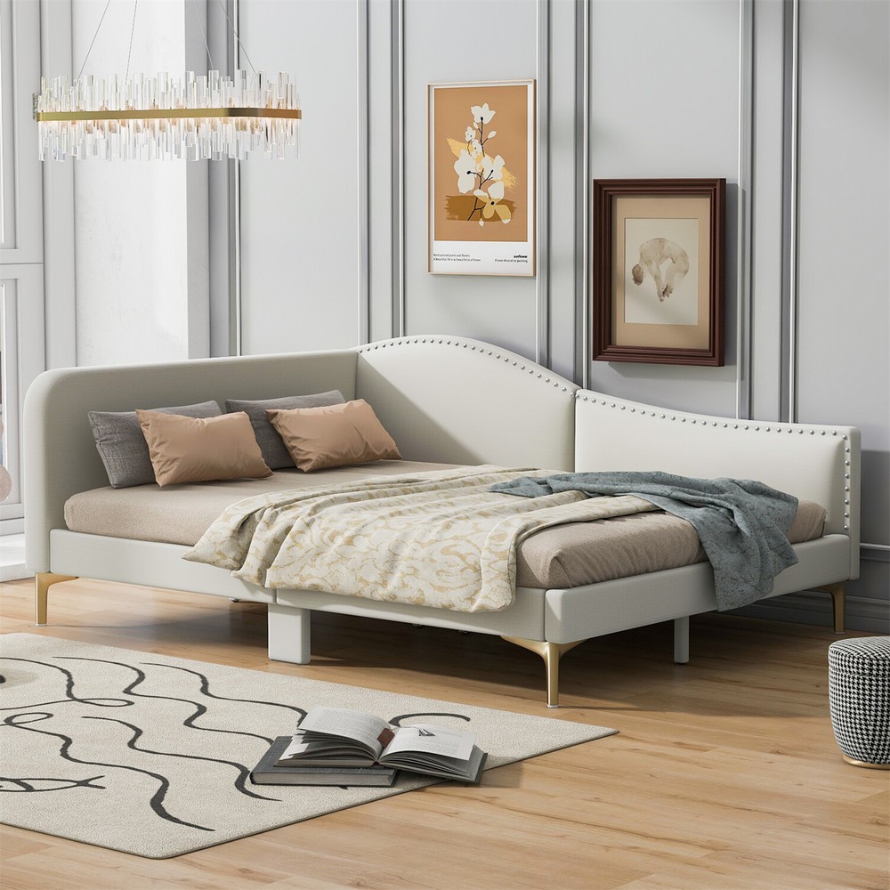 Full Size Daybed with Headboard Sofa Bed Frame in Beige or Grey  -image