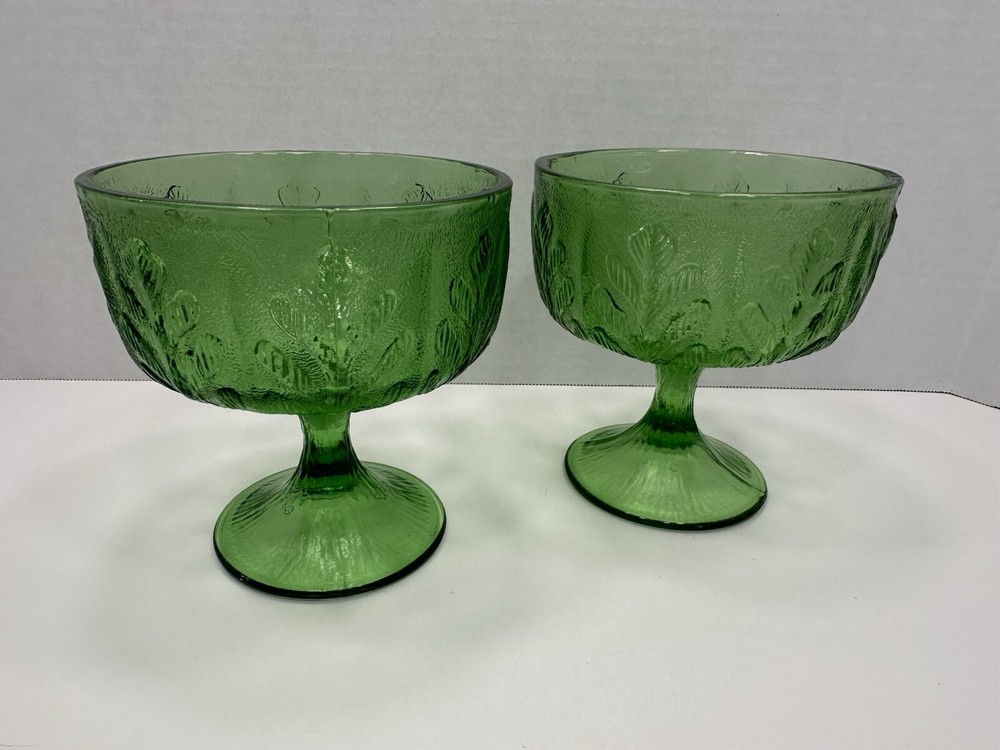 Vintage FTD Green Glass Oak Leaf Pedestal Bowl Candy Dish Set of 2 1978