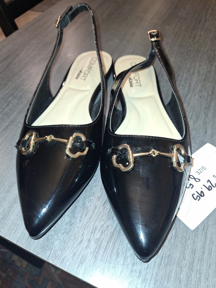 Women's Size 8.5 Black BERNESS Patent Slingback Flats w Gold Buckle travel work