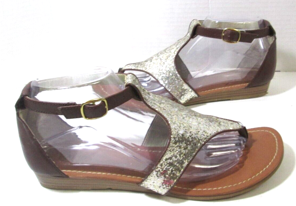 Carlos Tibbi Womens Gold Glitter Brown Heel Ankle Strap Sandals Size 8.5M