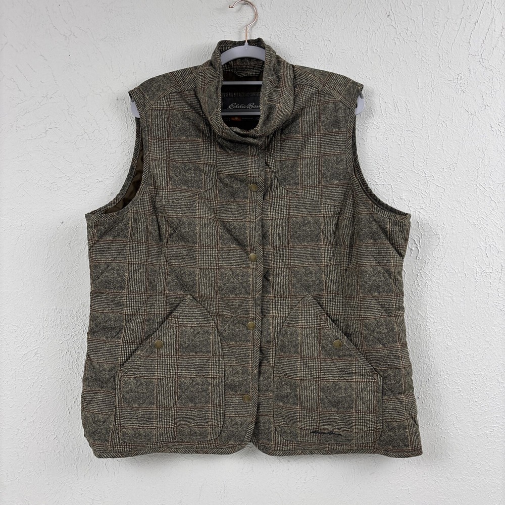 Eddie Bauer Womens T2XL Green Plaid Quilted Snap Front Puffer Vest