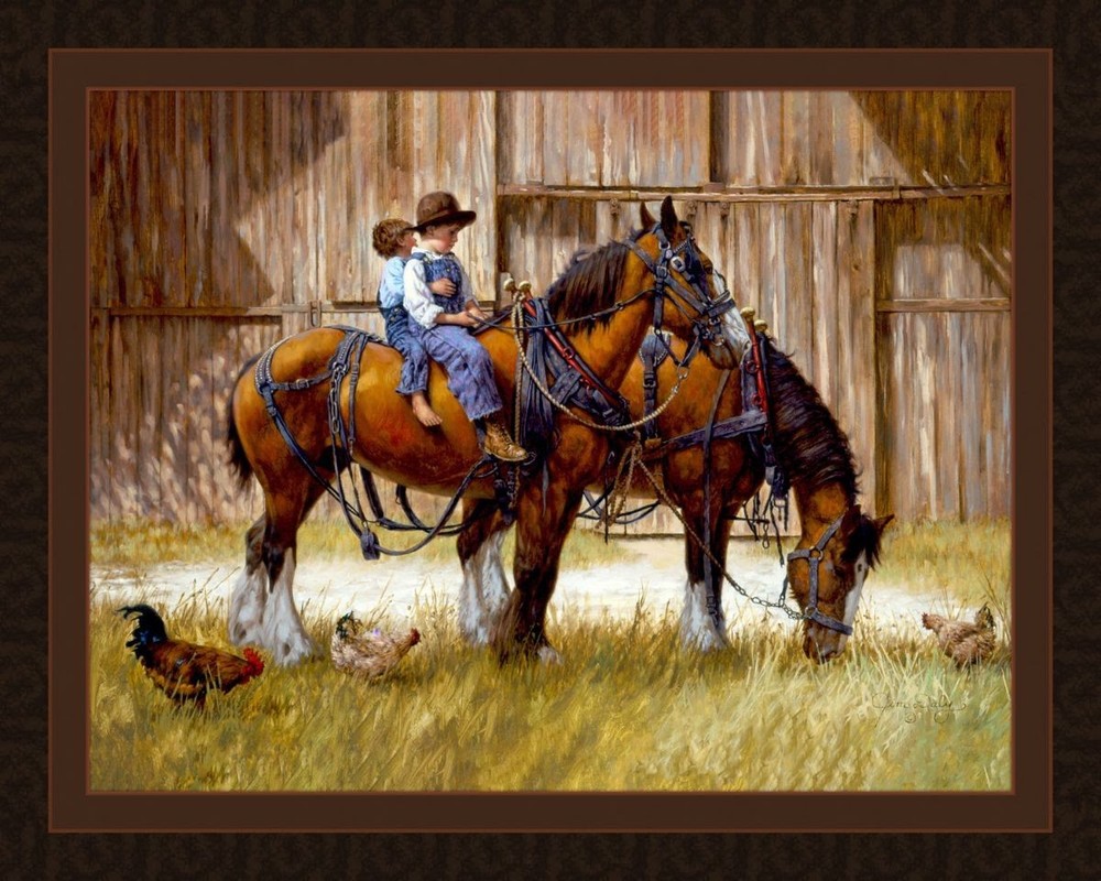 BACK TO THE BARN - Horse And Riders Fabric Quilt Panel 45