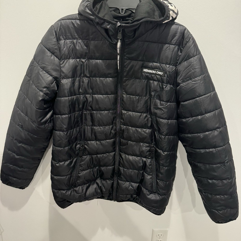 Men's Solid Black Packable Puffer Jacket Size Small Members Only-image