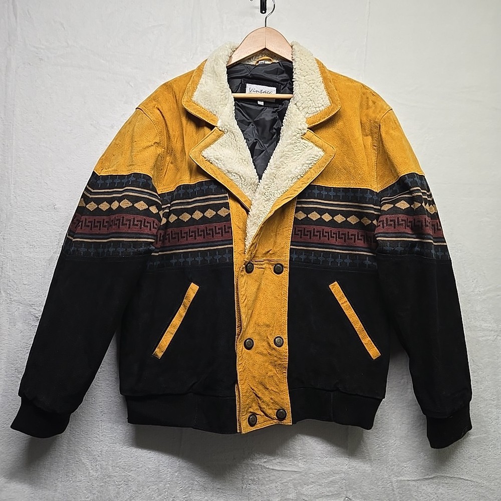Vintage Suede Leather Bomber Jacket Mens XXL Aztec Tribal Western Quilted Sherpa