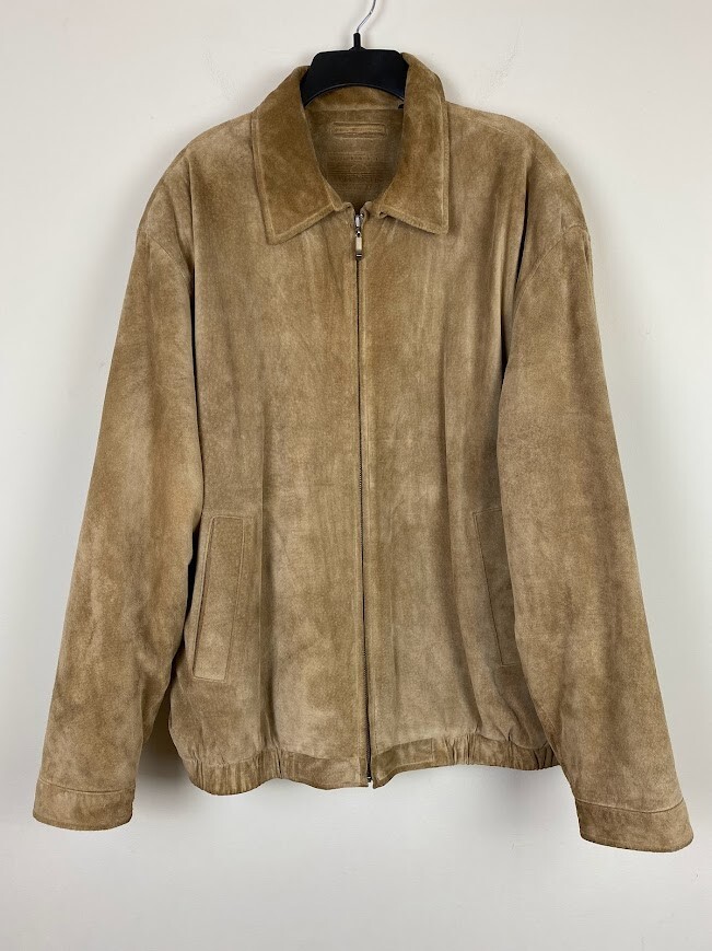 Roundtree & Yorke Tan Leather Suede Bomber Jacket Lined Zip Front Size XL Moto