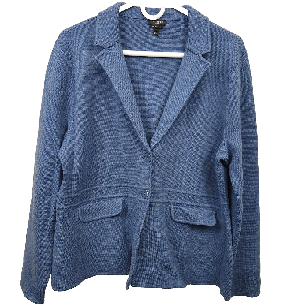 Talbots XL Petite Blue Merino Wool Cardigan Sweater with Button Front
