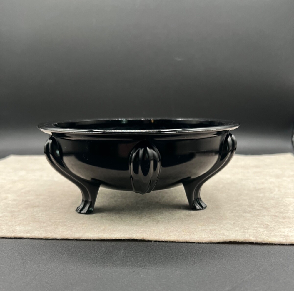 L E Smith style Art Deco black amethyst glass footed bowl 6.75 inches