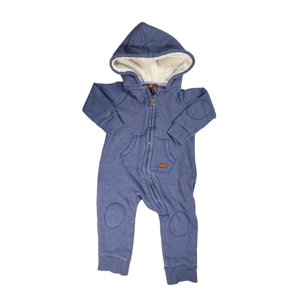7 For All Mankind Kids Blue Fleece Sherpa Hooded Zip Romper Size 6/9M