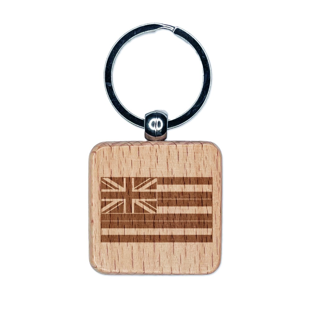 Hawaii State Flag Engraved Wood Square Keychain Tag Charm