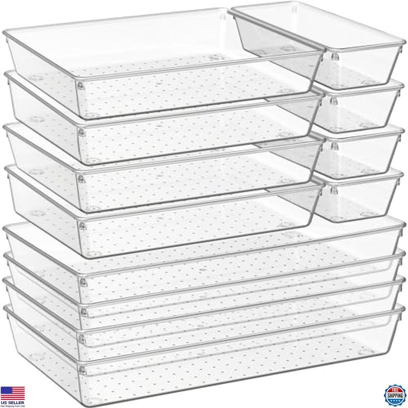 12-Pack Clear Plastic Drawer Organizers for Kitchen Bathroom Office Storage