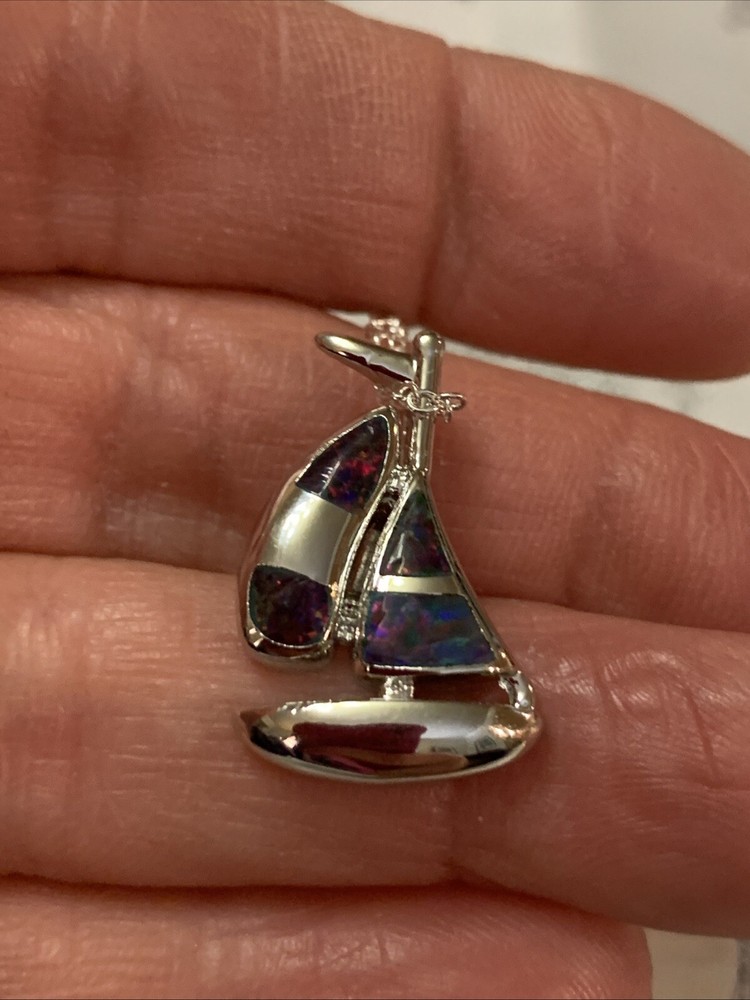 New Sterling 925 Sailboat Pendant With Fire Opal Inlay + New 925 Chain-18 Inches