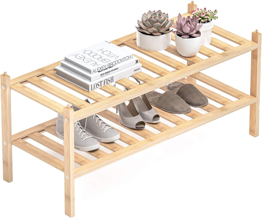 Shoe Rack, 2-Tier Bamboo Stackable Shoe Shelf Storage Organizer, Shoe Stand for
