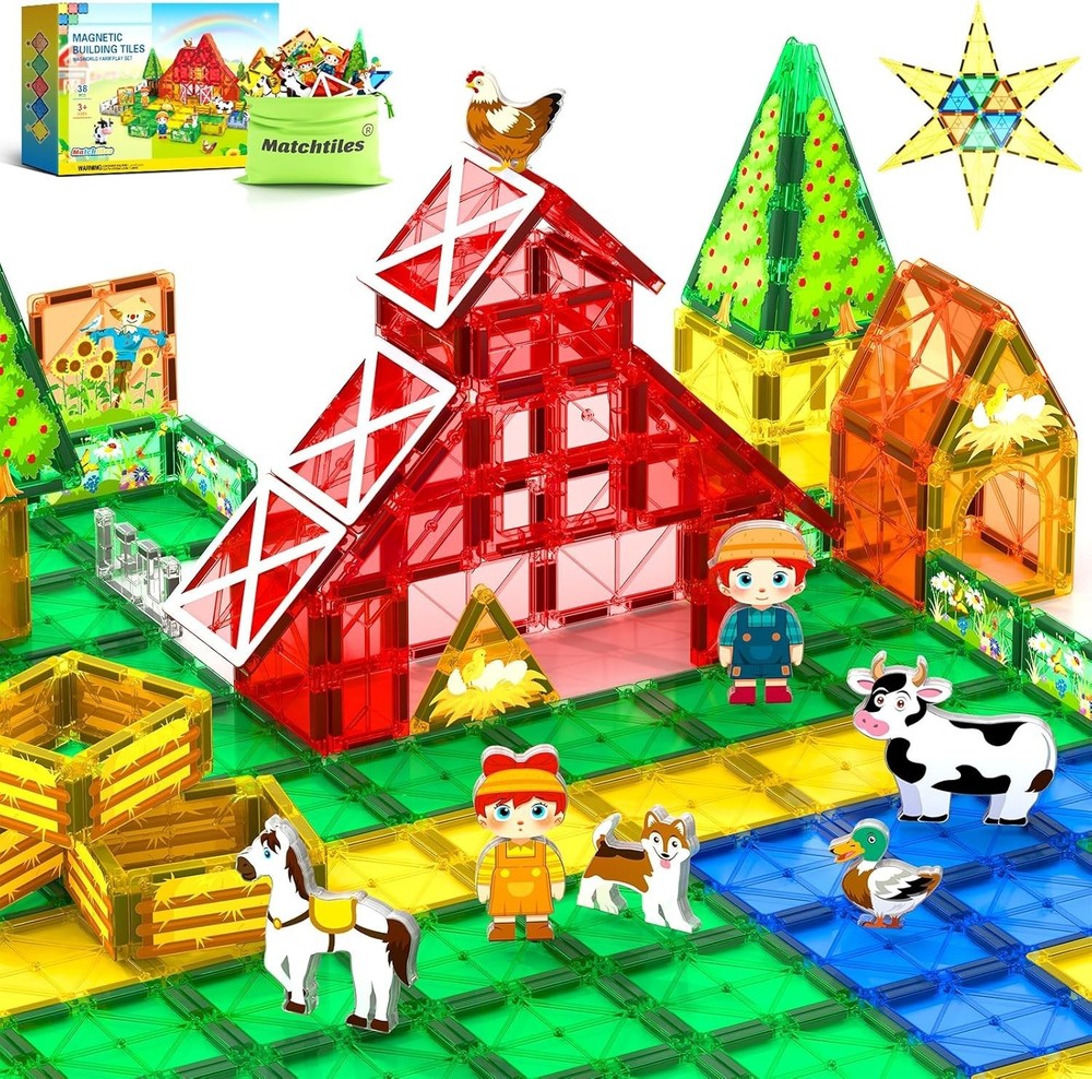 Magnetic Farm Tile Building Blocks for Toddlers & Kids Ages 3-7
