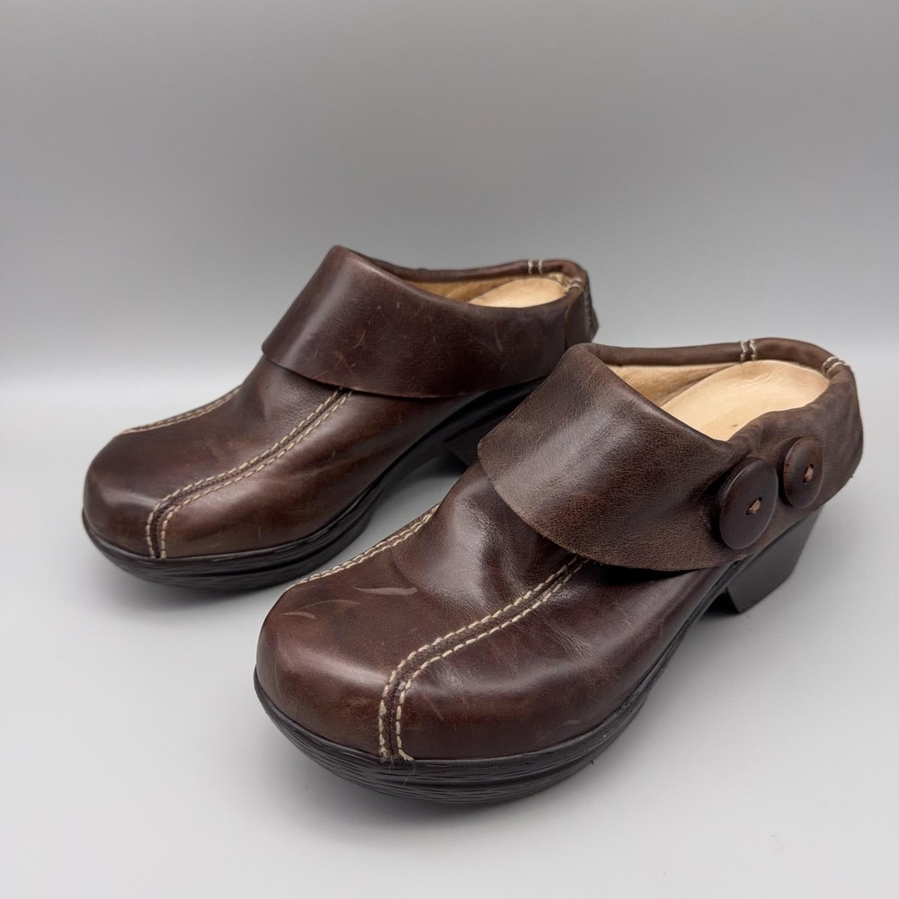 Sanita Clog Shoes Womens Size 37 EU Brown Leather Slip On Button Wedge Nicolette