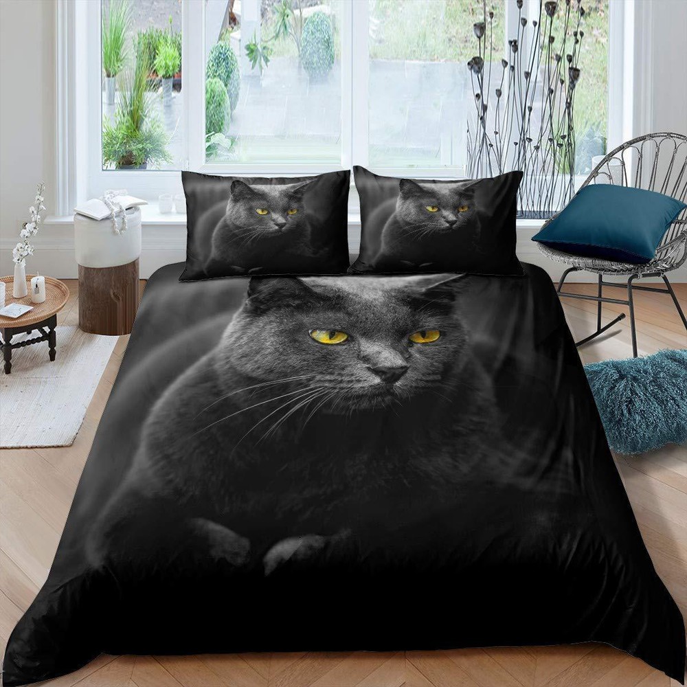 Big Black Cat Duvet/quilt Comforter Cover Queen Bedding Set Pillowcase
