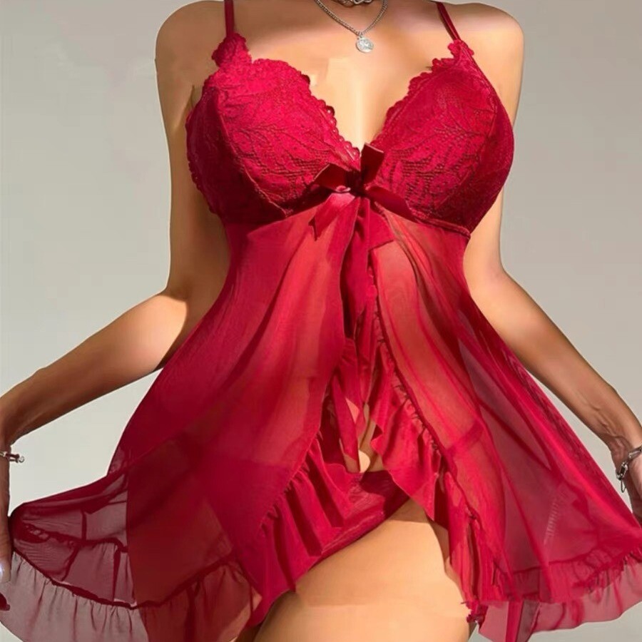 Women Sexy Lingerie Set Bow Floral Lace Ruffle Hem Slips Dress With Thong