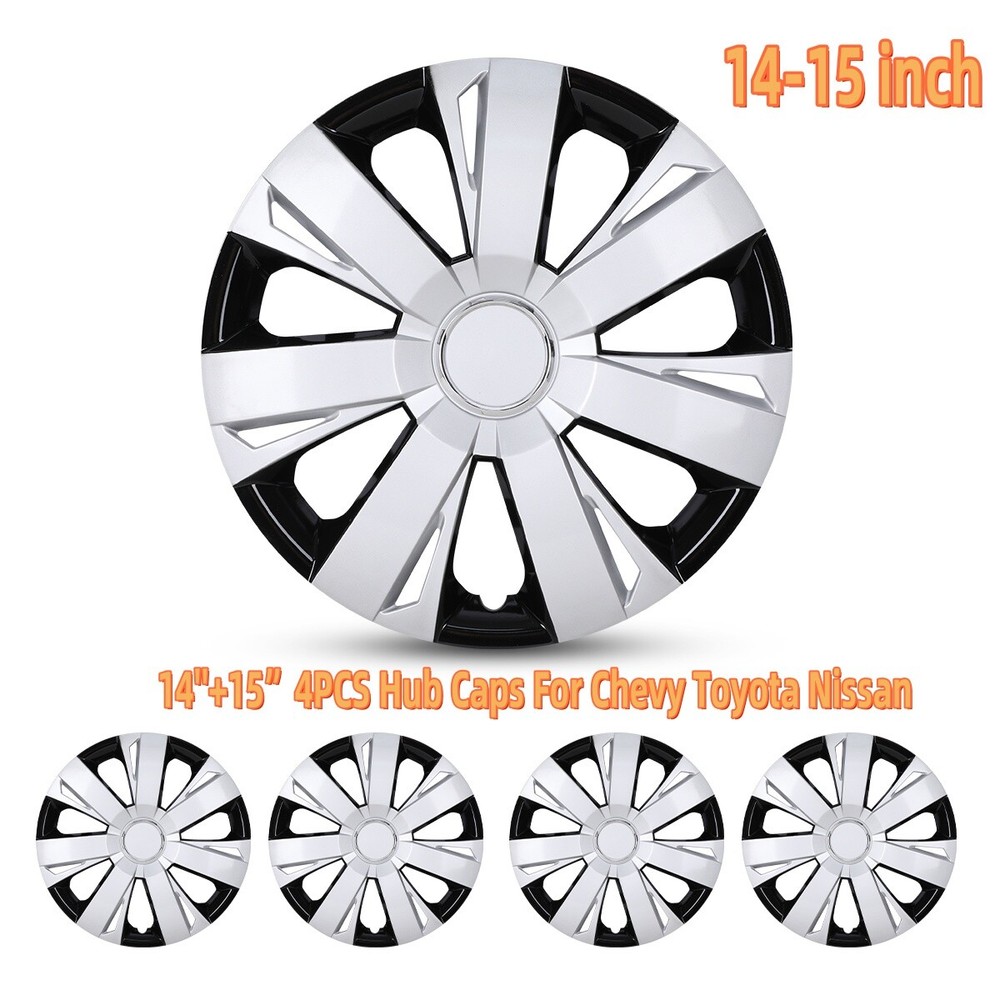 4PCS Hub Caps For Chevy Toyota Nissan Sliver+Black Lacquer Wheel Covers 14''+15”