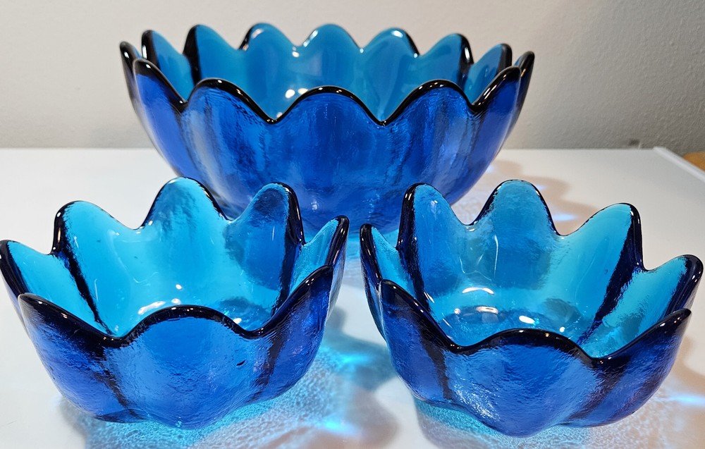 Vtg Blenko Art Glass Cobalt Blue Lotus Salad Bowl, 2 Salad Bowls ~WAS $40~ #1187