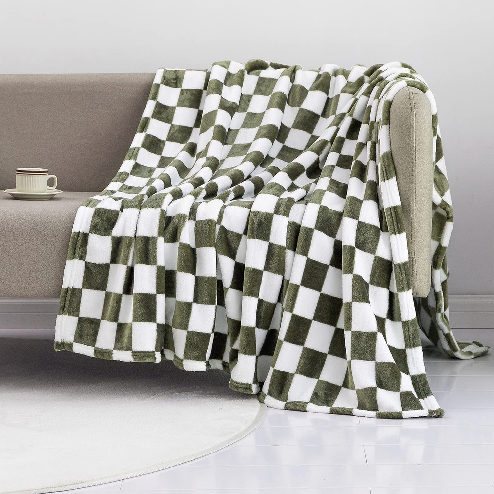 Throw Blankets Flannel Blanket with Checkerboard Grid Pattern Soft Throw Blan...