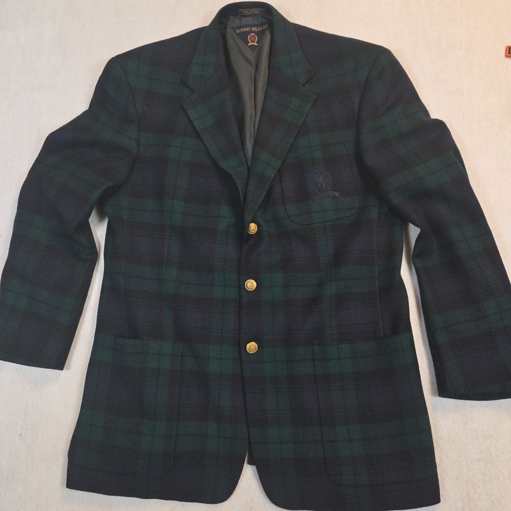Vtg Tommy Hilfiger Gold Button Blazer Mens 42L Navy Green Plaid USA Union Made
