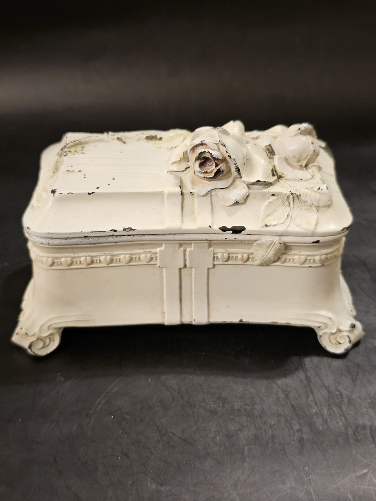 Vintage Metal Jewelry Box with raised Roses on top