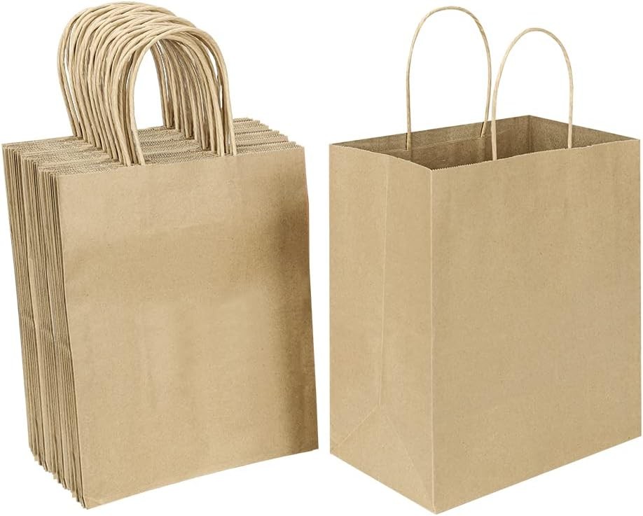 Oikss 50 Pack Medium Brown Kraft Paper Bags 8x4.75x10 Inches with Handles