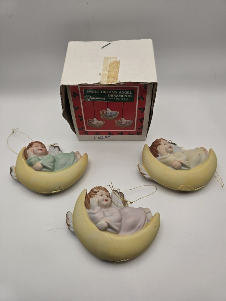 Vintage Sweet Dreams Angel on the Moon Ornament Ceramic/Porcelain Set Of 3 Boxed