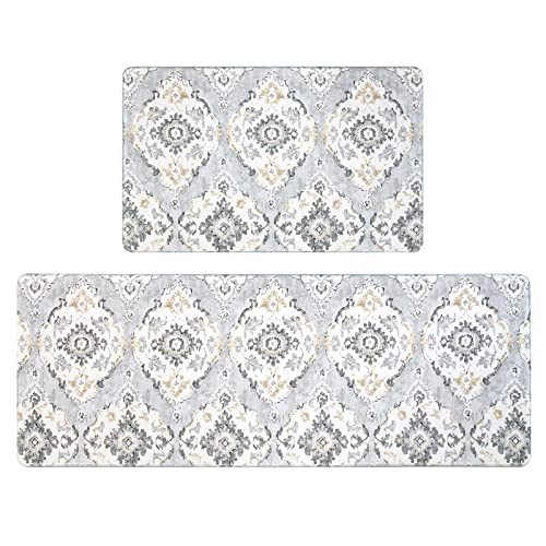 Anti-Fatigue PVC Floral Grey Kitchen Rugs Set of 2