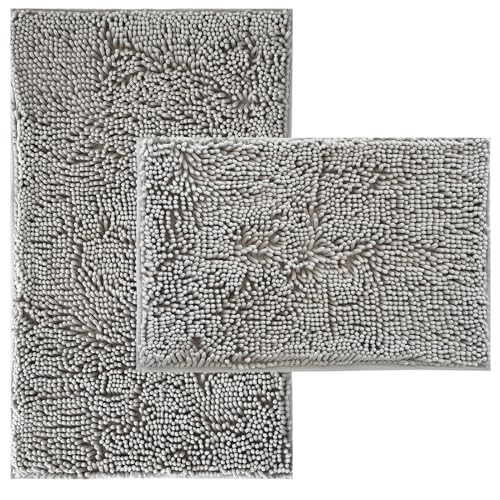 Plush Chenille Bathroom Rug Set 2-Piece Ash Gray 32x20 + 24x16 Inches